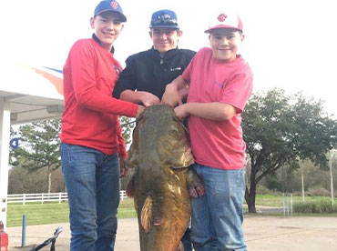 Three young boys holding up an 81 pound catfish